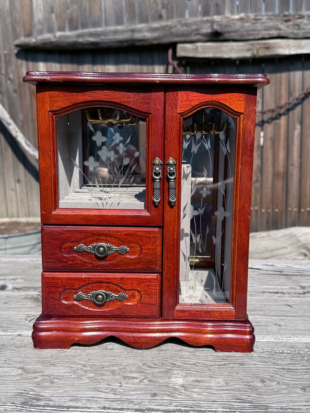 Mahogany Red Wooden Jewelry Armoire Cabinet with Etched Glass